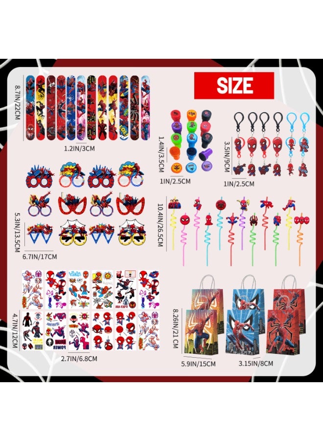 ILovhaprty Spider-Man Party Favors for 12 Guests, 84PCS Superhero Birthday Party Favor Set with Slap Bracelets, Stickers, Keychains, Stampers, Paper Glasses, Straws & Gift Bags – Spider-Man Birthday Party Supplies - Image 2